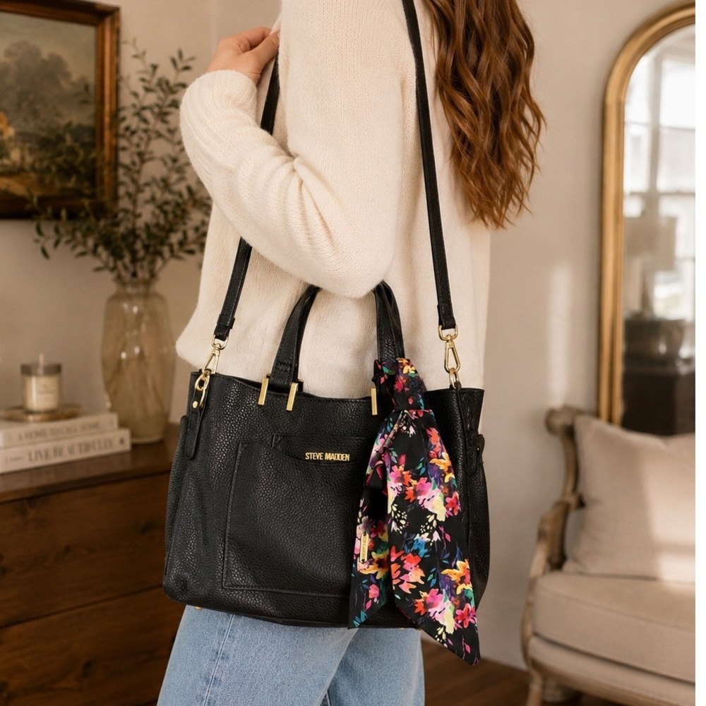 Steve Madden Bparker Black Pebbled Vegan Leather Tote Crossbody Bag w/ Scarf